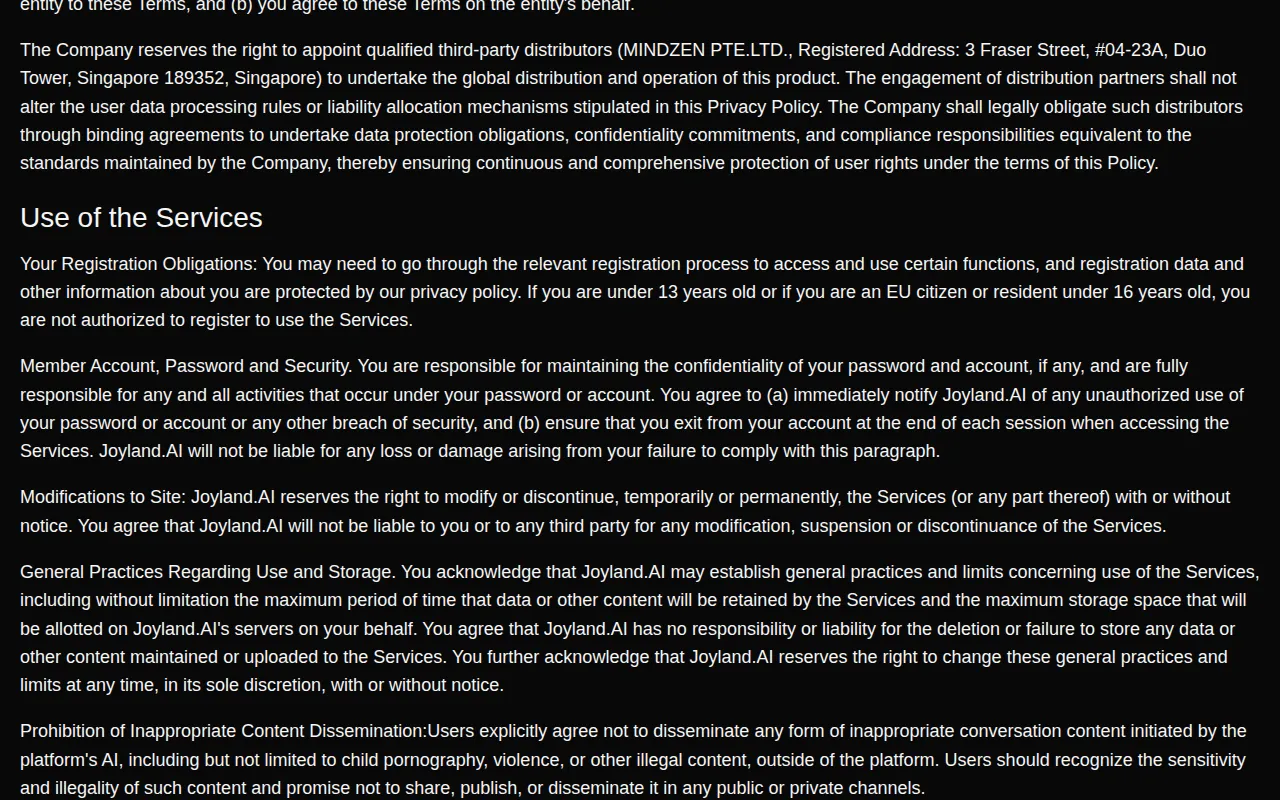 Joyland AI terms of service section saying users under 13 may not register