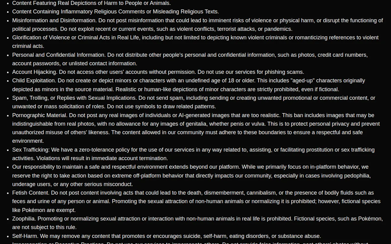 Joyland AI community guidelines with the Child Exploitation and Pornographic Material rules