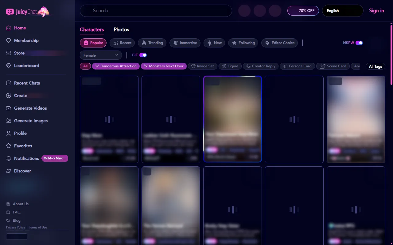 JuicyChat catalog with the NSFW switch turned on by default, cards blurred