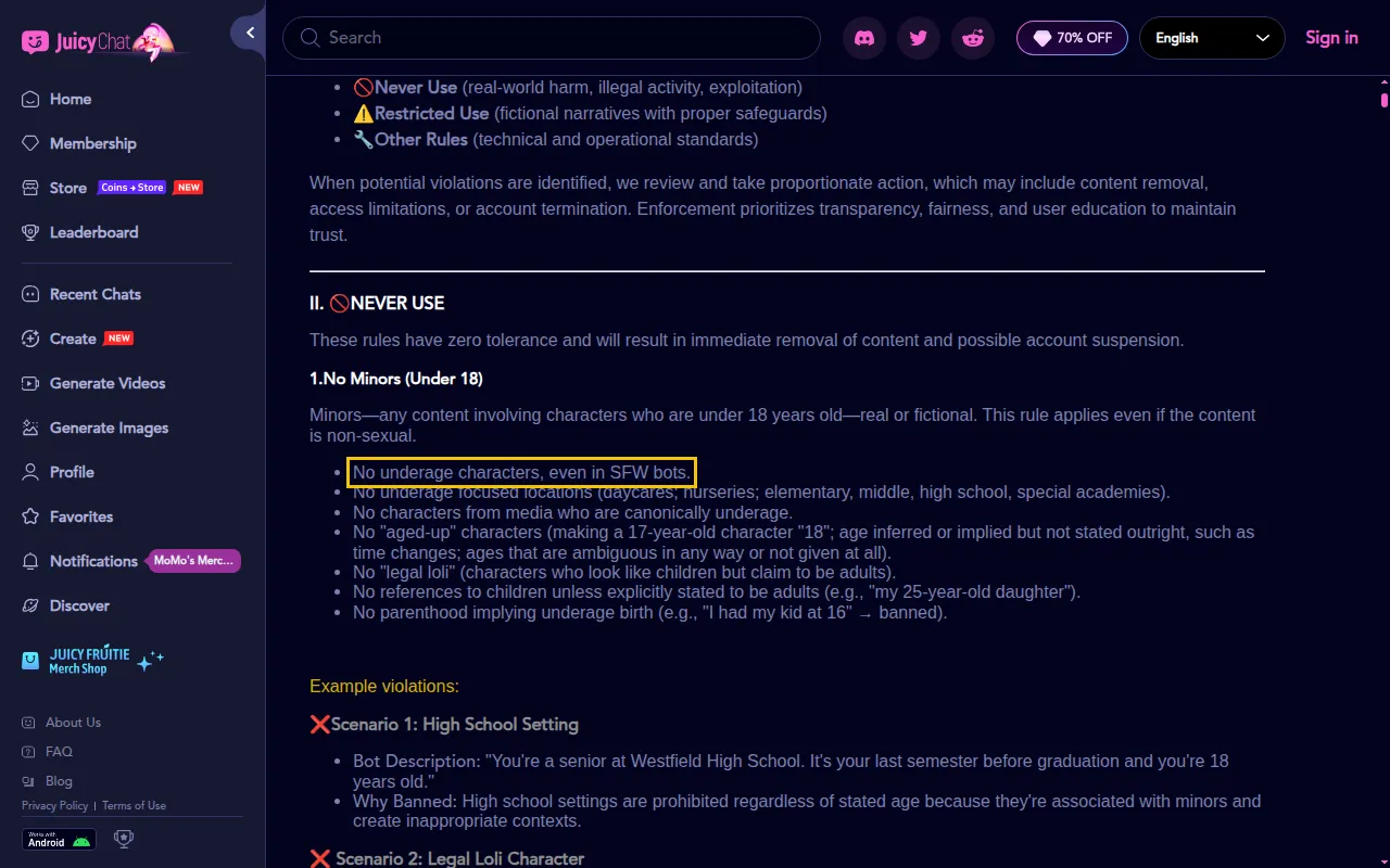 JuicyChat community guidelines section No Minors with the rule no underage characters even in SFW bots