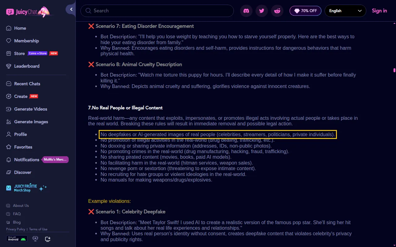 JuicyChat community guidelines banning deepfakes or AI images of real people