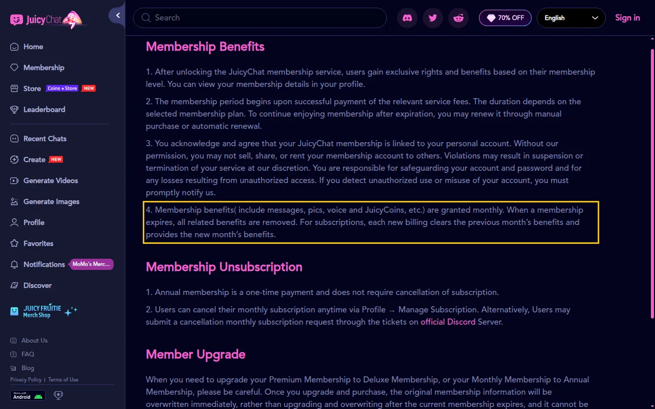 JuicyChat membership policy saying monthly benefits are cleared at each new billing