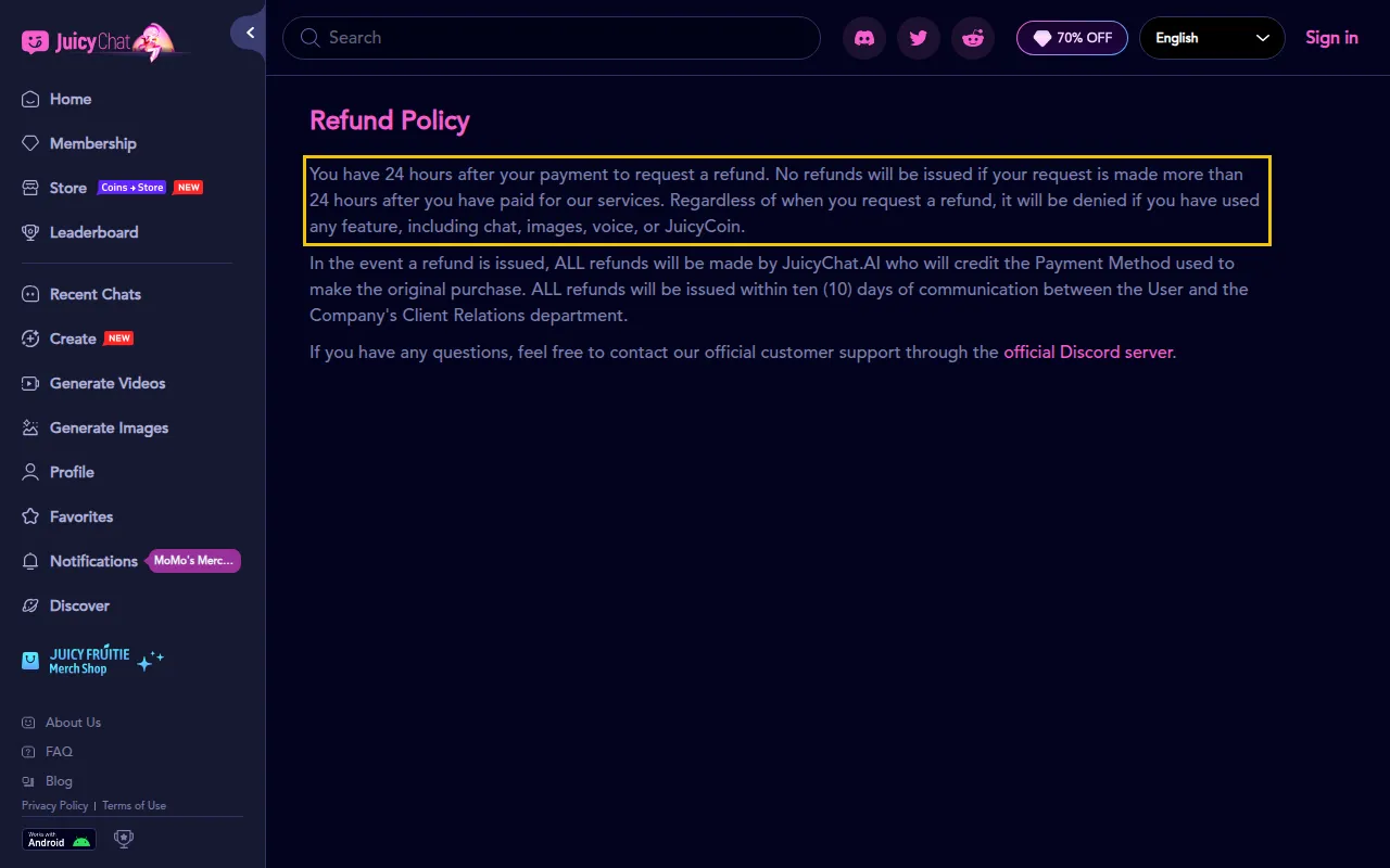 JuicyChat refund policy: 24 hours after payment and no refund if any feature was used