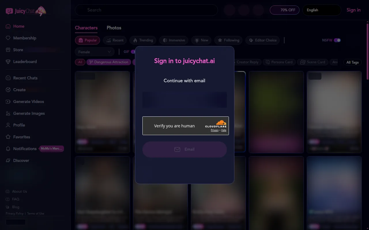 JuicyChat email sign-in dialog showing a Cloudflare Verify you are human check