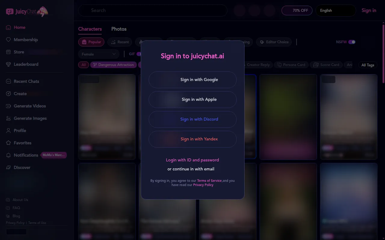 JuicyChat sign-in dialog with Google, Apple, Discord, Yandex, ID and password, and email options