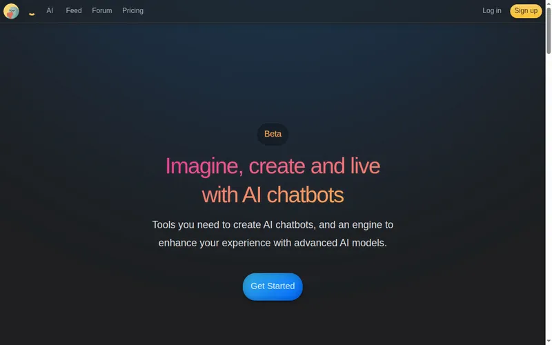 Kajiwoto homepage with Beta badge and the headline Imagine, create and live with AI chatbots