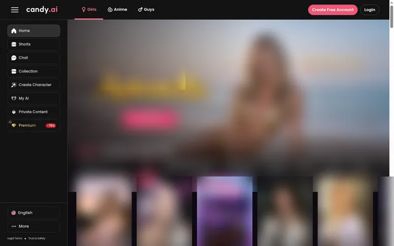 Candy AI home page with sidebar navigation and blurred character cards
