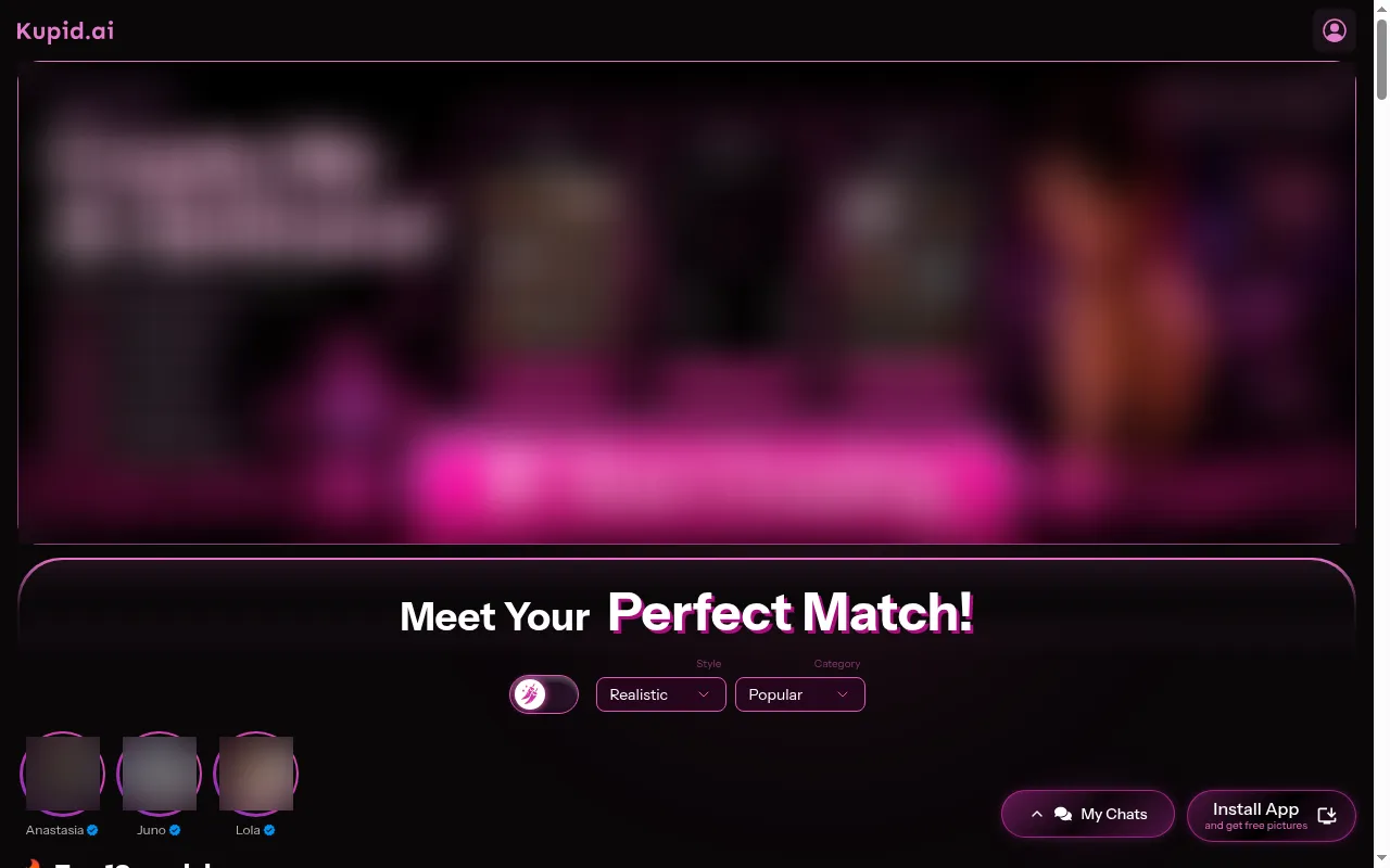 Kupid AI home page with a blurred banner and the Meet Your Perfect Match filters