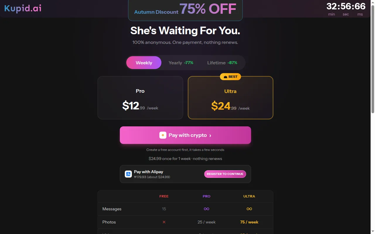 Kupid AI plans page on the Weekly tab with Pro at $12.99 and Ultra at $24.99 a week