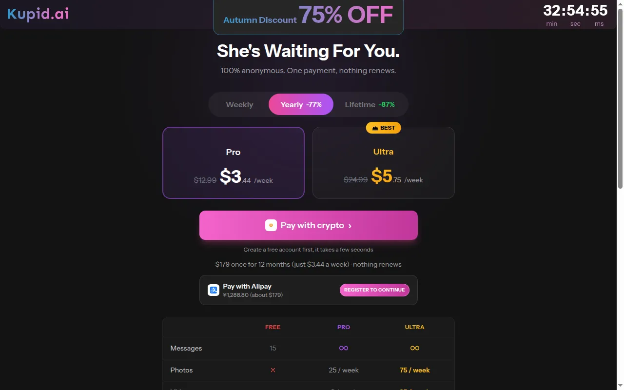 Kupid AI plans page on the Yearly tab with Pro at $3.44 a week and Ultra at $5.75 a week
