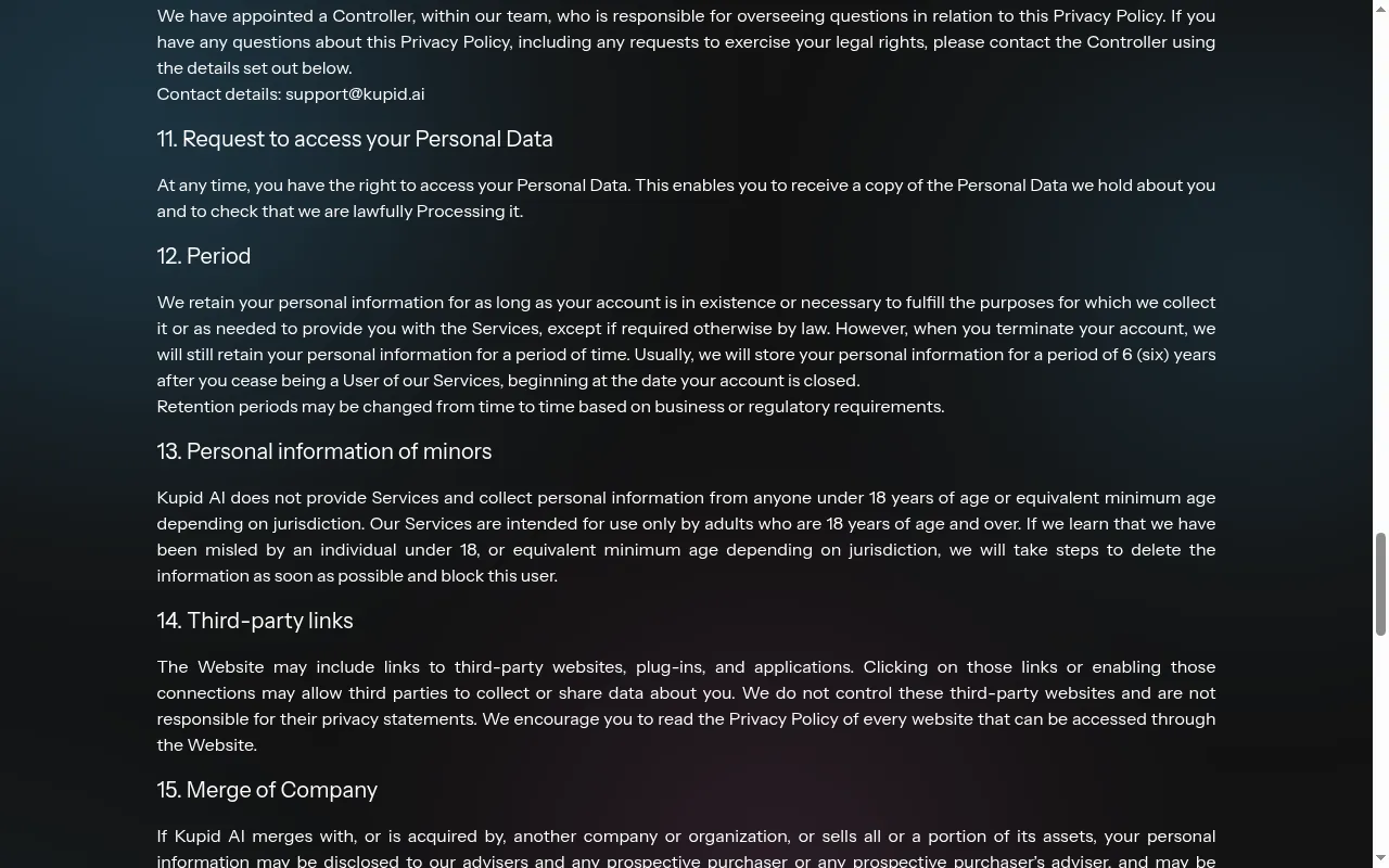 Kupid AI privacy policy section on keeping data for six years after an account closes