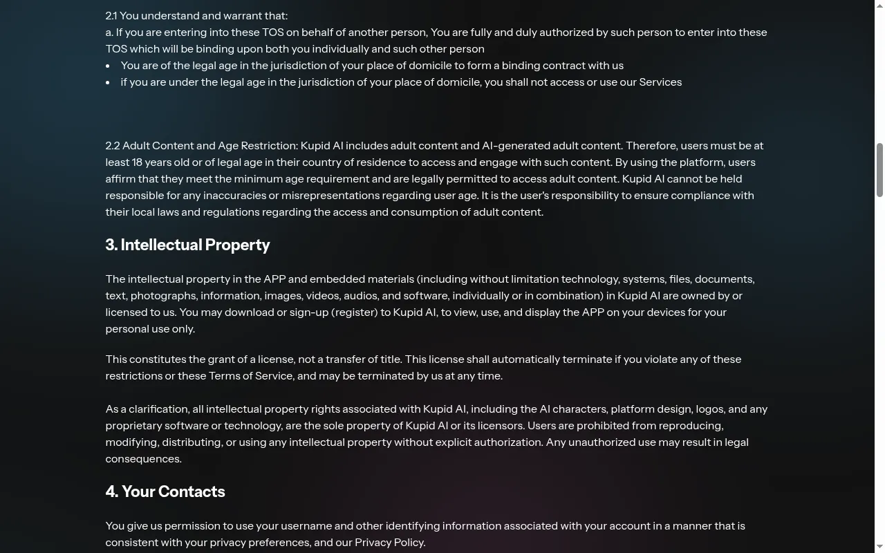 Kupid AI terms section 2.2 on adult content and the 18+ age requirement