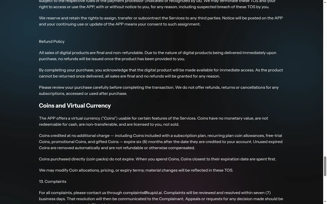 Kupid AI terms refund policy and coin expiry rules