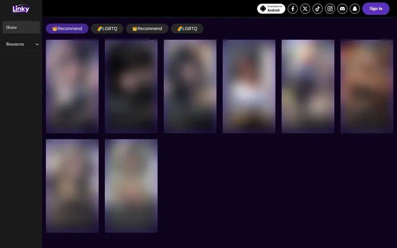 Linky web home page with a grid of character cards