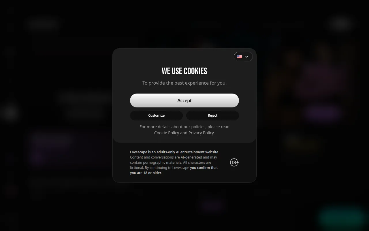 Lovescape cookie window with an adults-only notice and 18+ confirmation text