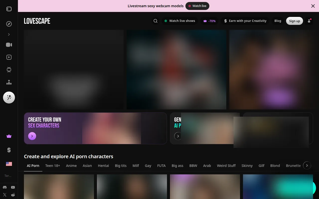Lovescape homepage with sidebar, webcam banner and a category row starting AI Porn, Teen 18+, Anime