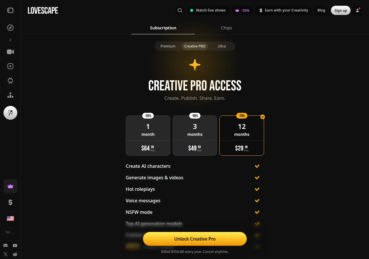 Lovescape Creative PRO plans at $64.99, $49.99 and $29.99 a month