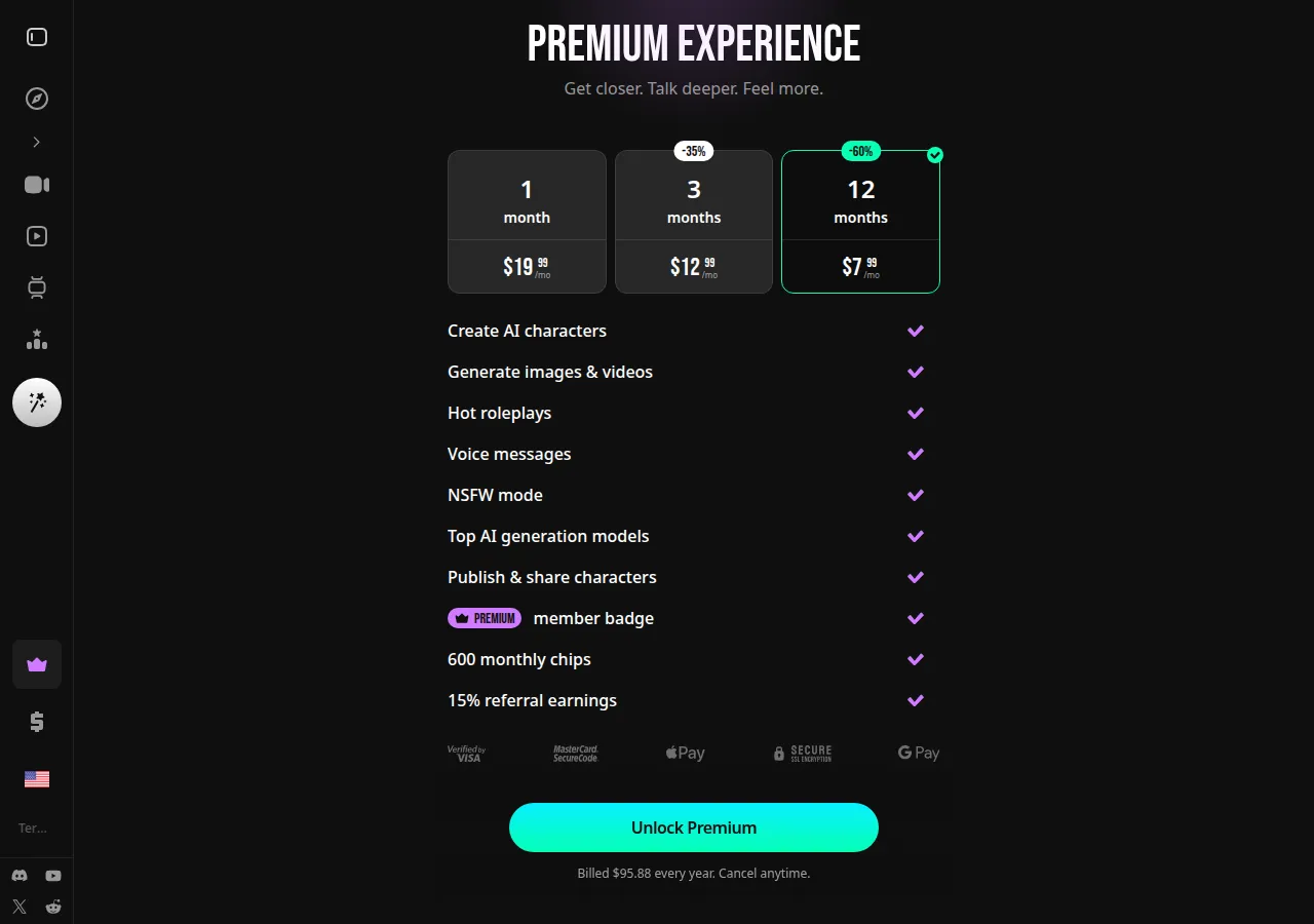 Lovescape Premium plans at $19.99, $12.99 and $7.99 a month with feature list and card logos