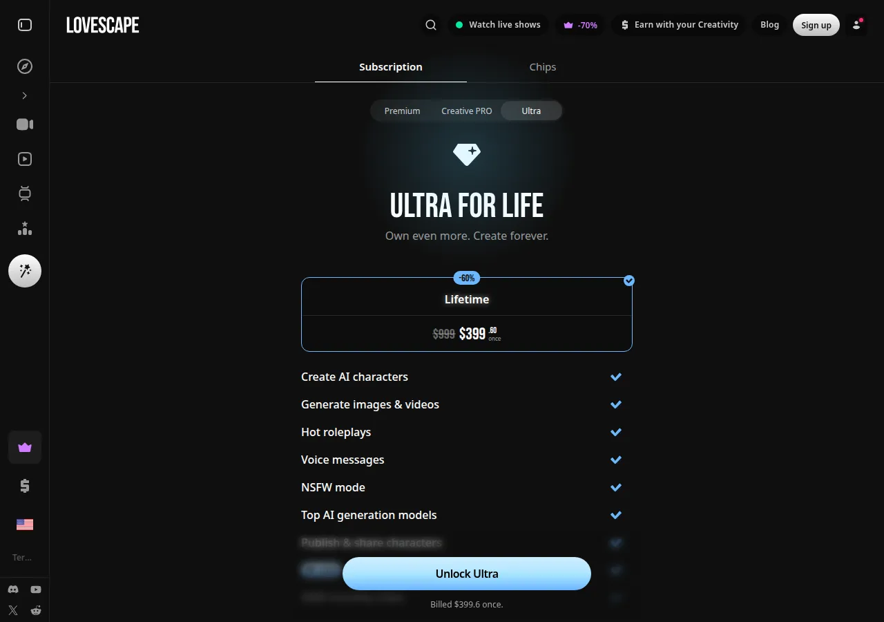 Lovescape Ultra for life plan at $399.60 once, struck through from $999