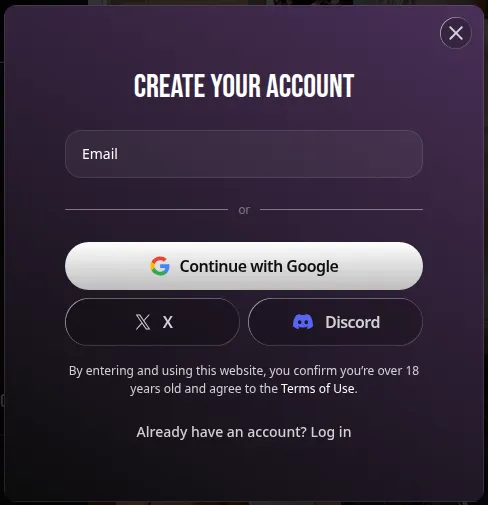 Lovescape Create your account window with email, Google, X and Discord options
