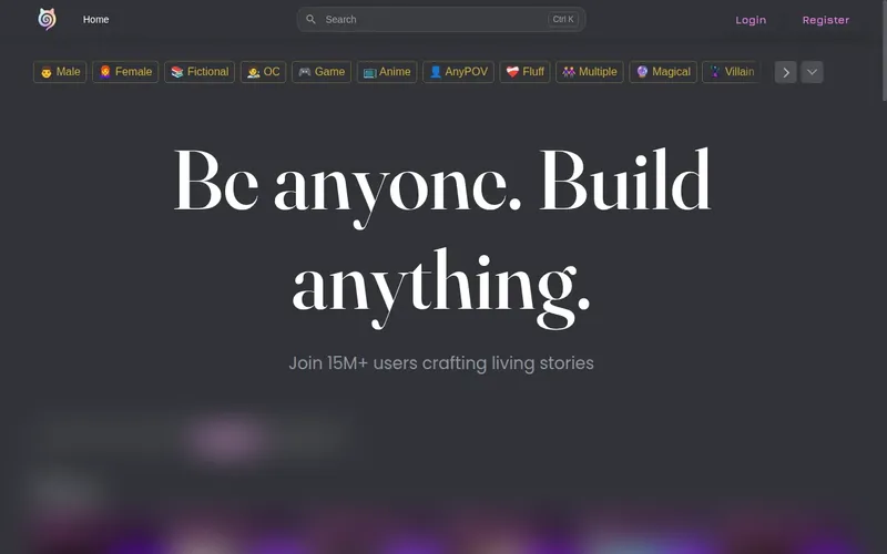 Janitor AI home page with search, tag filters and a blurred Popular row