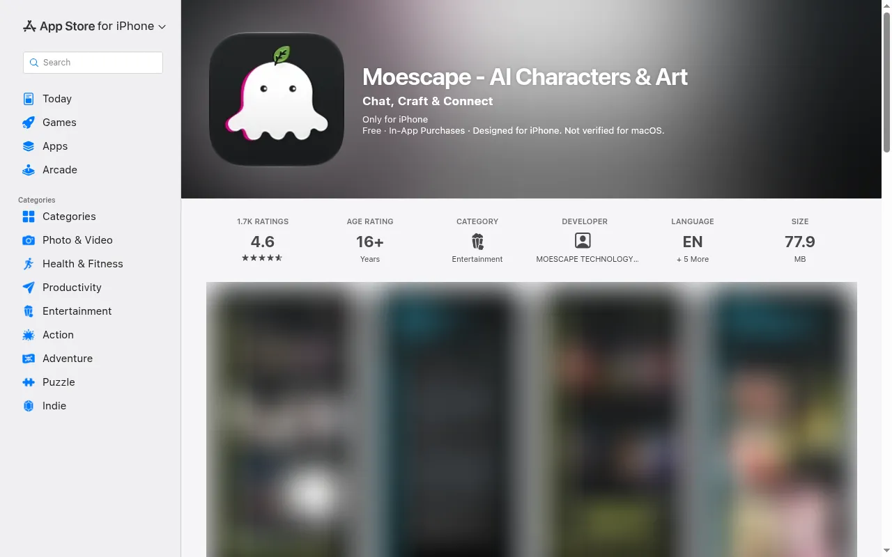 Moescape App Store listing with 4.6 rating from 1.7K ratings and a 16+ age rating