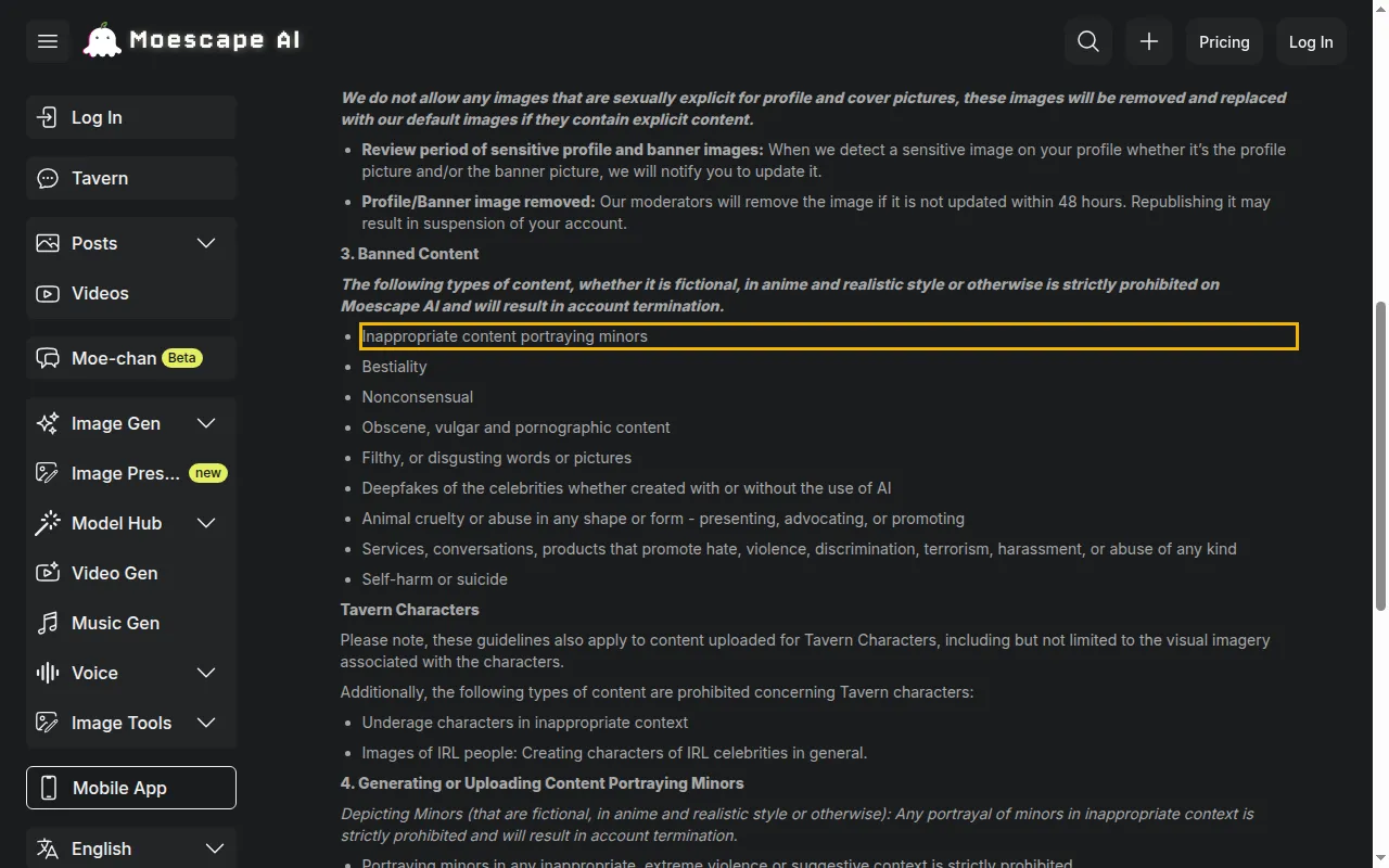 Moescape content policy list of banned content including minors, pornography and celebrity deepfakes