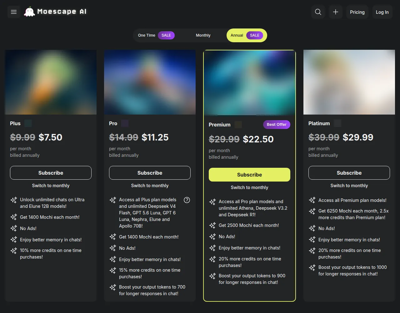 Moescape pricing page on the Annual tab with Plus, Pro, Premium and Platinum plans