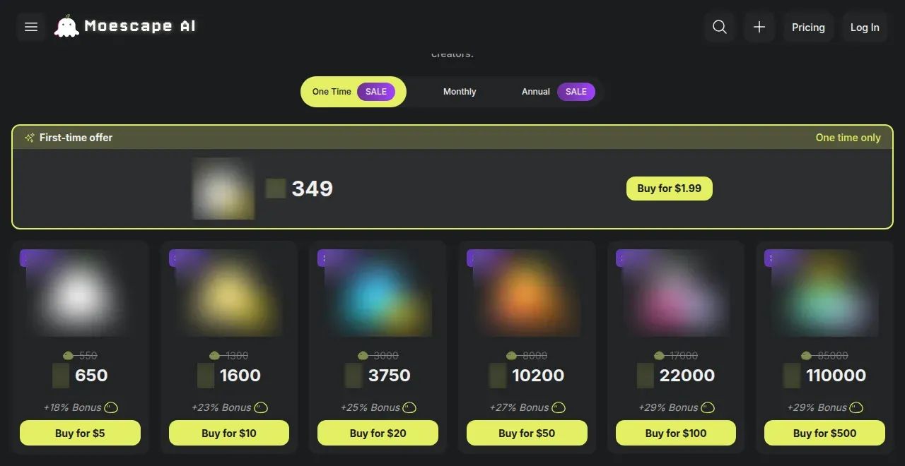 Moescape one-time Mochi packs from $5 to $500 and a first-time offer of 349 Mochi for $1.99