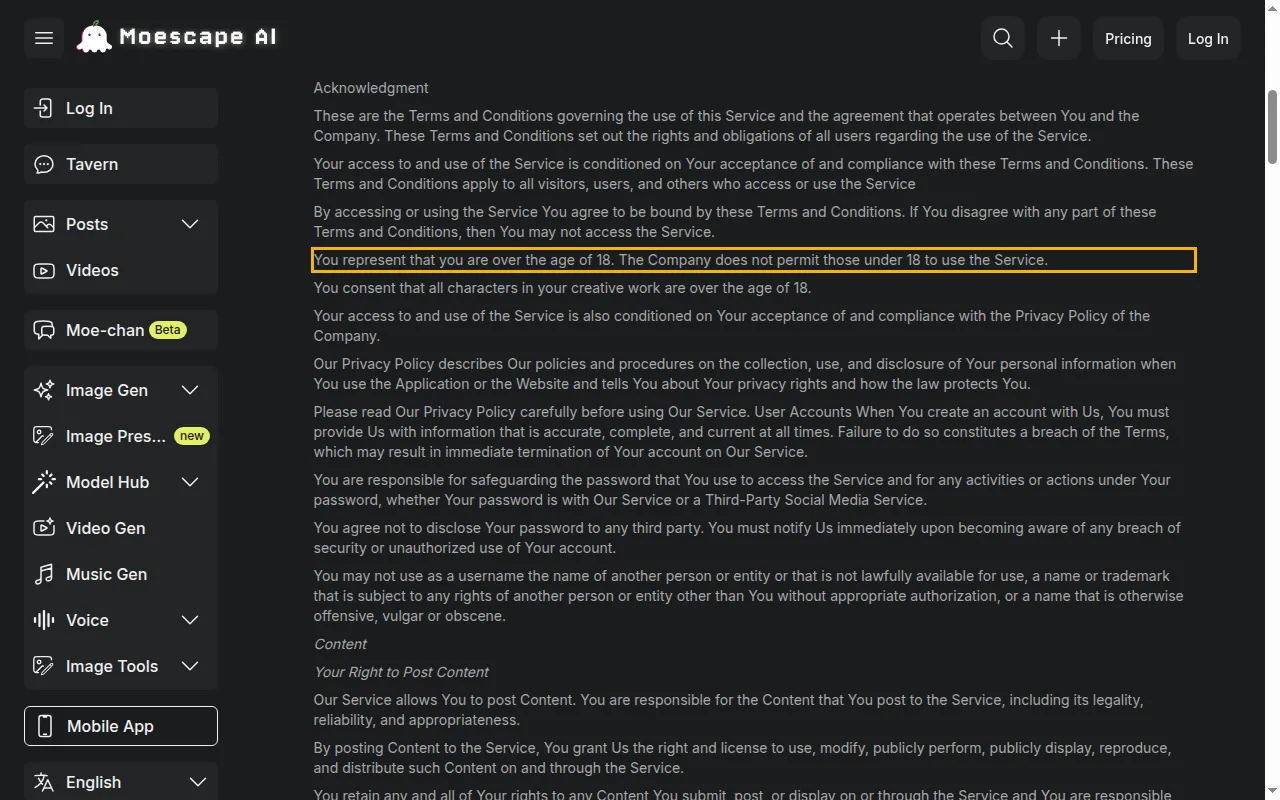 Moescape terms requiring users and all characters to be over 18