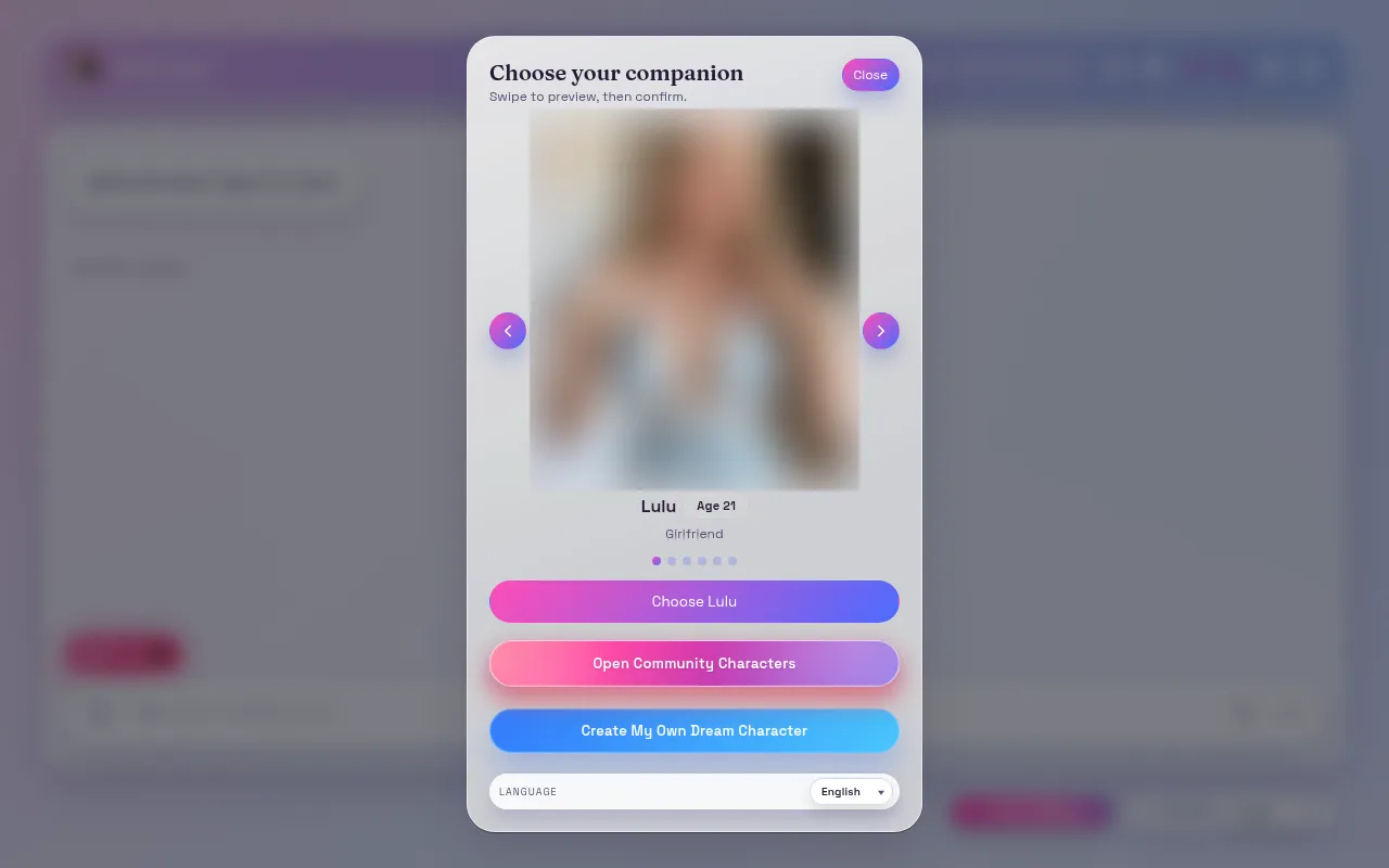 Muah AI chatroom demo with the Choose your companion picker, portrait blurred