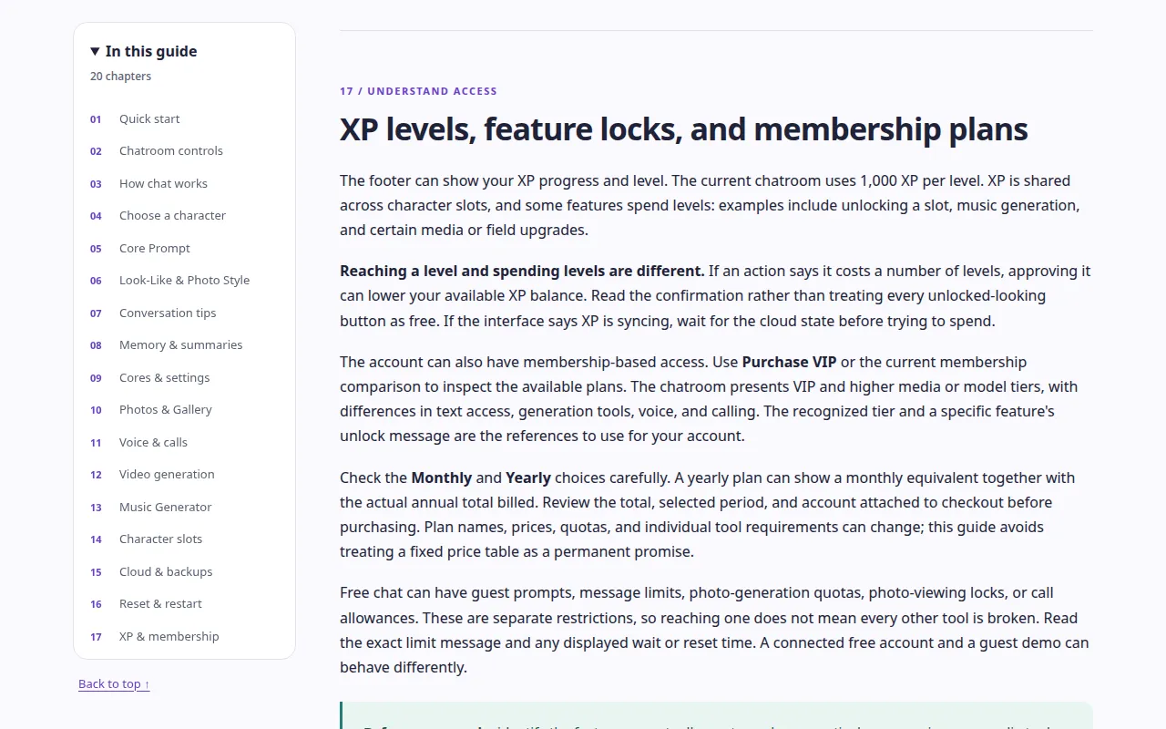 Muah AI user guide section on XP levels, feature locks and membership plans