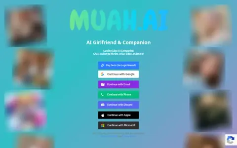 Muah AI home page with the MUAH.AI wordmark, Play Demo button and sign-in options