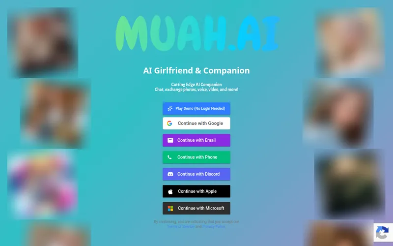 Muah AI home page with the MUAH.AI wordmark, Play Demo button and sign-in options
