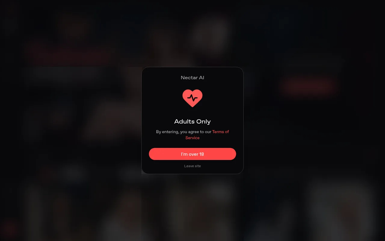 Nectar AI Adults Only window with an I am over 18 button