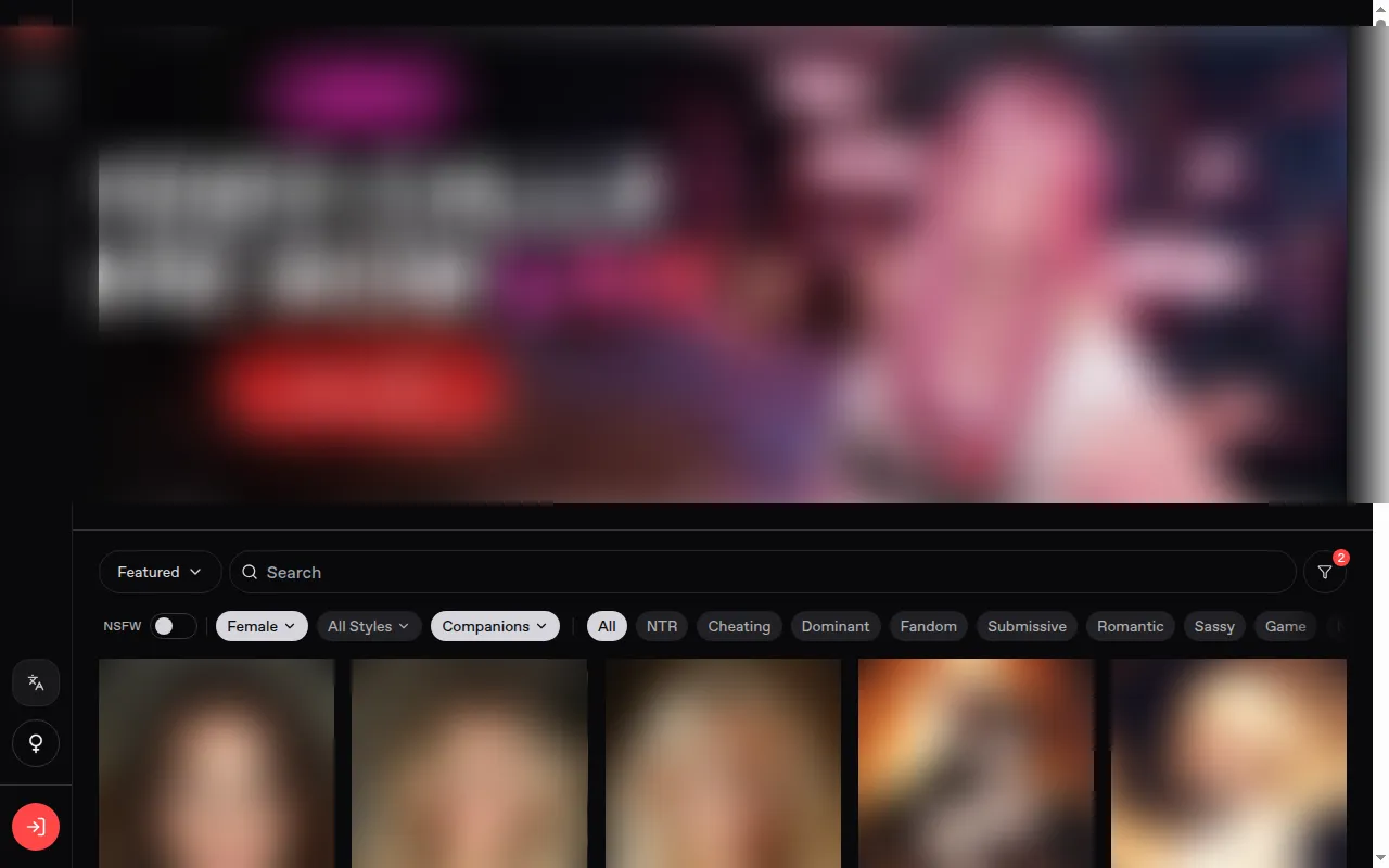 Nectar AI catalog with the NSFW switch turned off