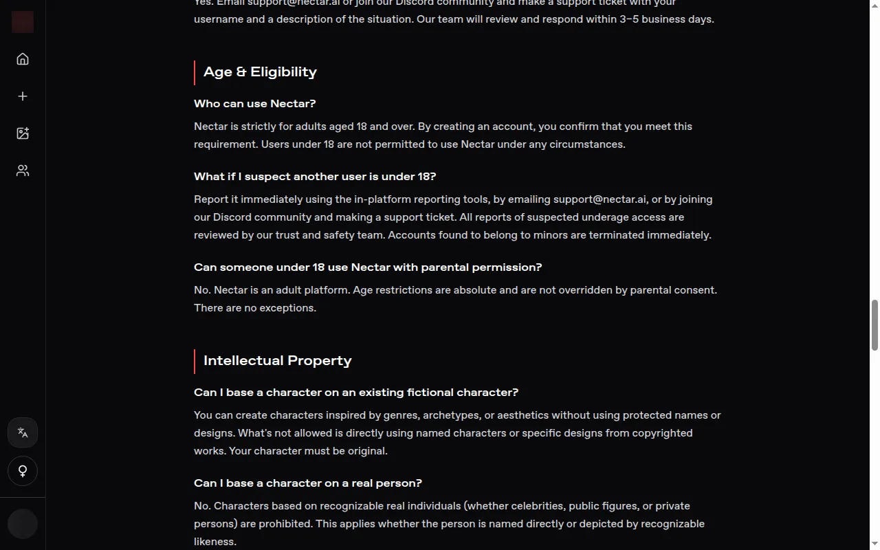 Nectar AI FAQ section on age and eligibility and on characters based on real people