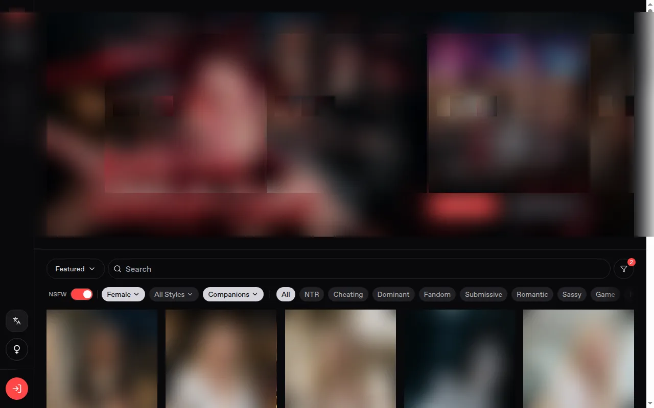 Nectar AI catalog after the 18+ prompt with the NSFW switch on by default