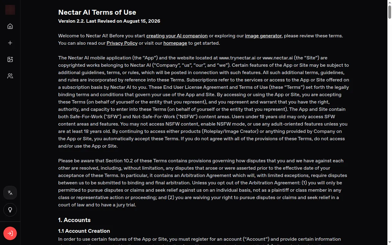 Nectar AI terms of use version 2.2 opening section on SFW and NSFW areas