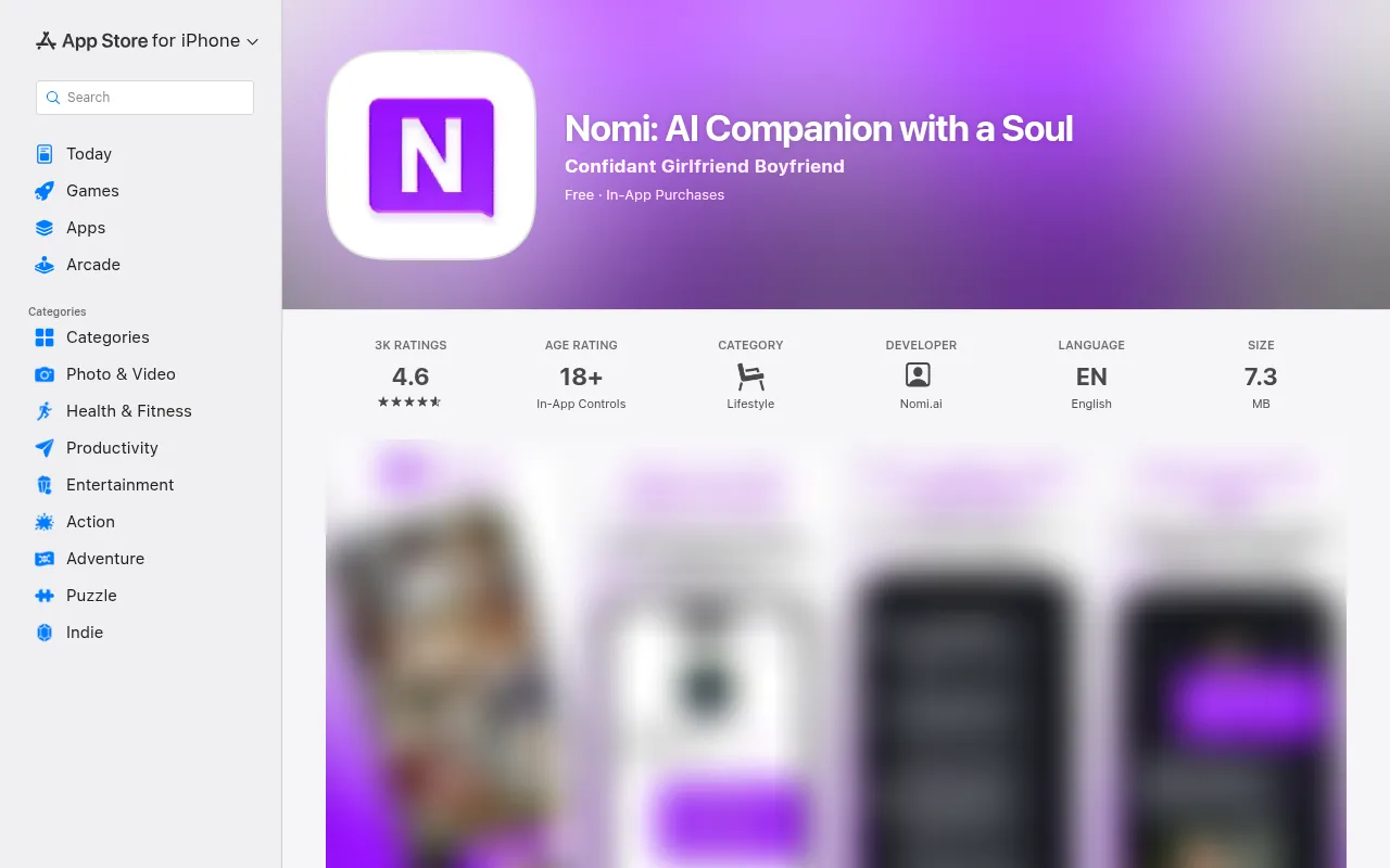 Nomi on the US App Store: 4.6 stars, 3K ratings, age rating 18+