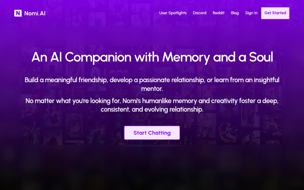 Nomi home page with Start Chatting button