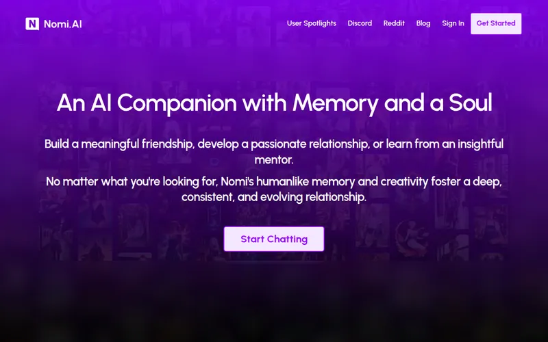 Nomi home page: An AI Companion with Memory and a Soul