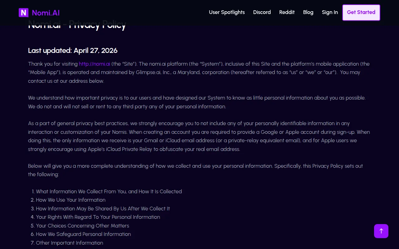 Nomi privacy policy, last updated April 27, 2026