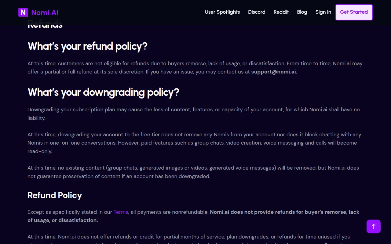 Nomi refund and downgrading policy