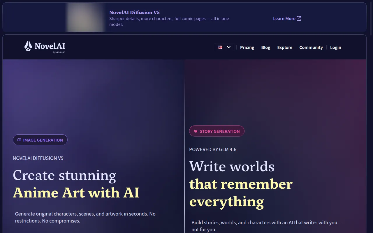 NovelAI homepage on desktop with Pricing, Blog, Explore and Login links