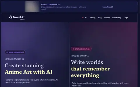 NovelAI homepage with Image Generation and Story Generation panels