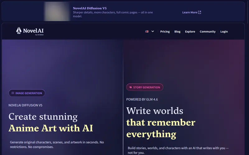 NovelAI homepage with Image Generation and Story Generation panels
