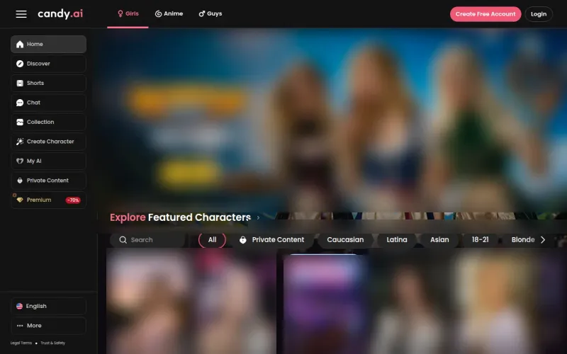 Candy AI homepage with sidebar navigation and Featured Characters filters