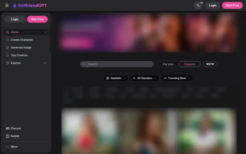 GirlfriendGPT homepage with sidebar, search and Realistic, gender and trending filters