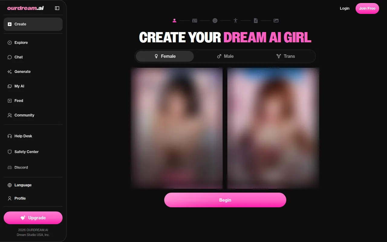 OurDream Create page with Female, Male and Trans tabs and a Begin button